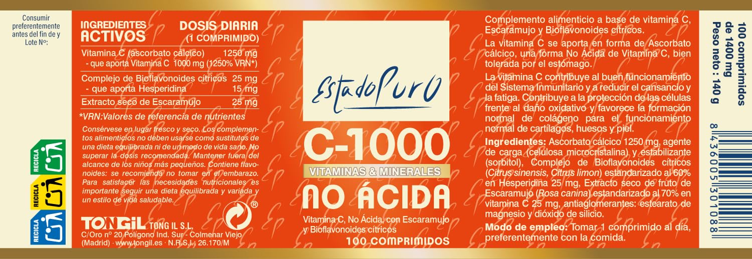 Vitamina C No Ácida 1000 mg Estado Puro | 100 Comprimidos con Escaramujo y Bioflavonoides Cítricos | Alta Absorción - No Irritante | Calidad Tongil (Pack de 3) | Vitamina C Tamponada No Ácida, Escaramujo y Bioflavonoides Cítricos, Alta Absorción, Vegana,