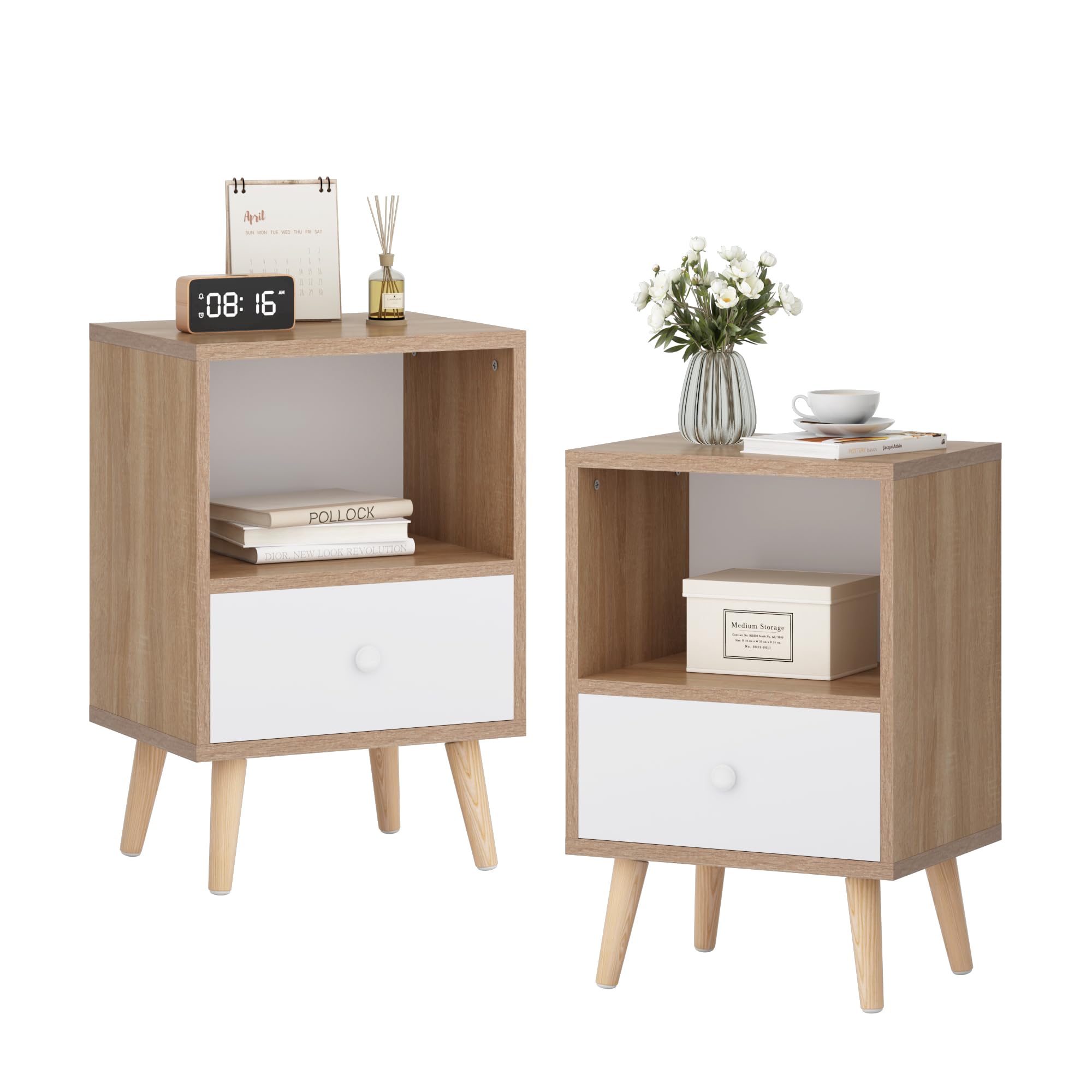 JAXPETY Nightstands Set of 2, Night Stand with Drawer and Open Storage Shelf, Bedside Tables with Solid Wood Legs, End Table, Side Table, for Bedroom