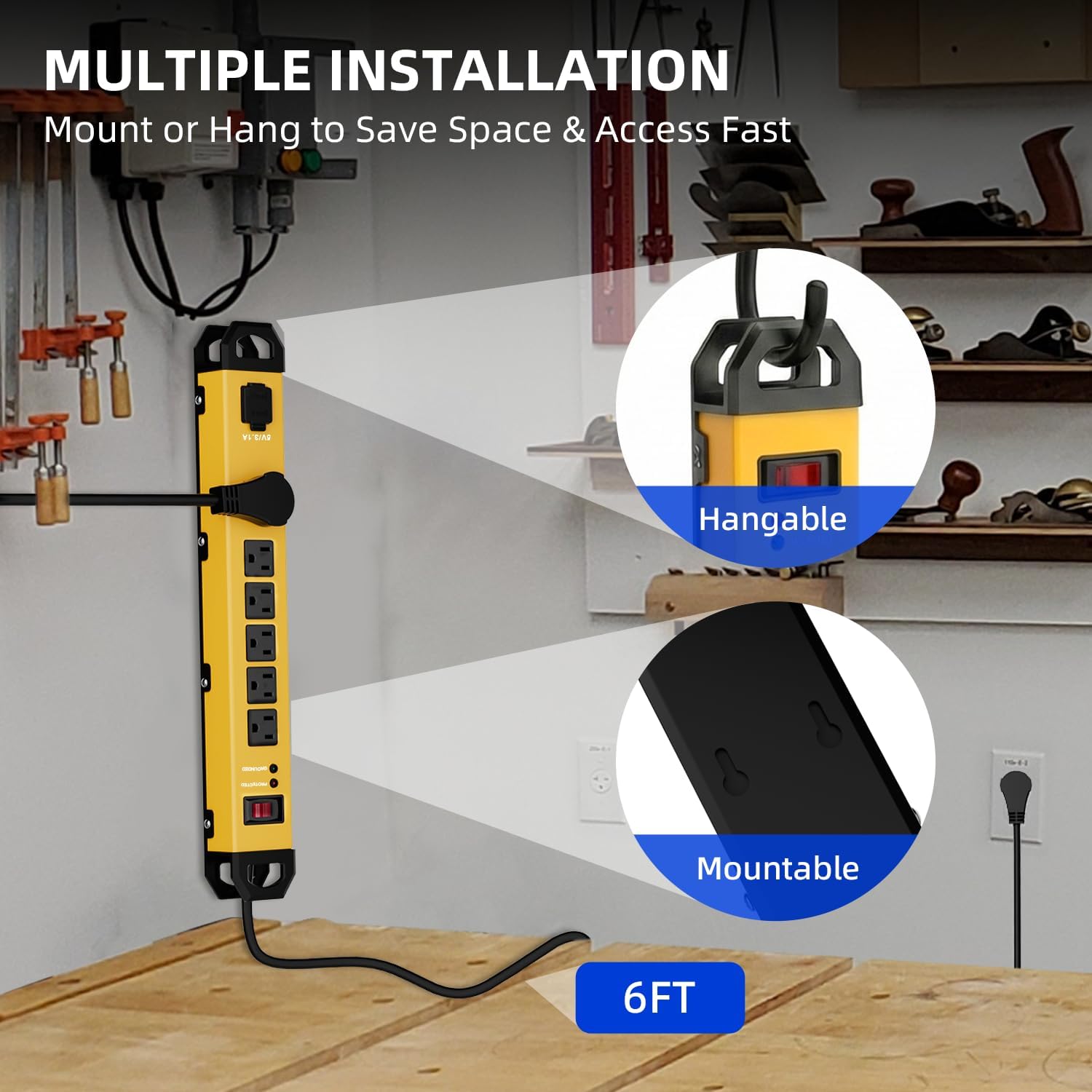 Heavy Duty Metal Power Strip Surge Protector 2100J, 6 Outlets & 2 USB, 15A Circuit Breaker, 6ft Power Cord, 360° Rotating Flat Plug, Wall Mountable for Garage Workshop Industrial, ETL Listed, Yellow