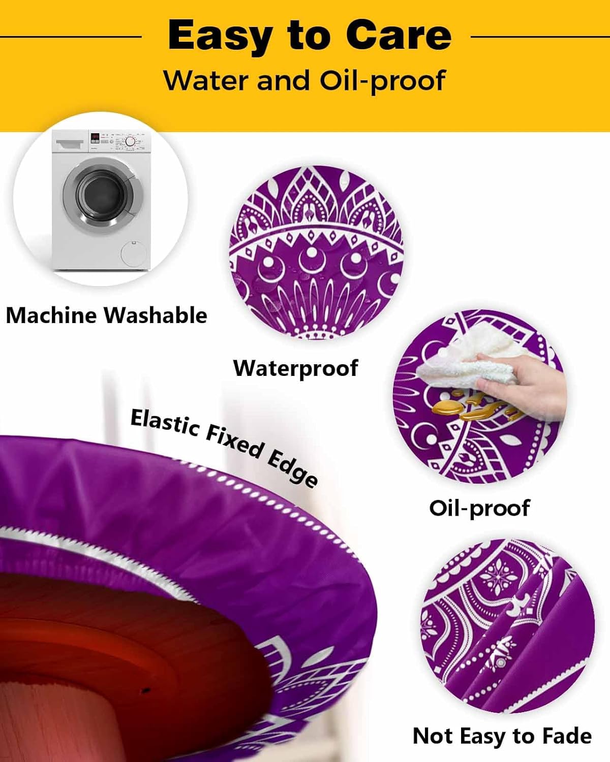Round Fitted Tablecloth, Bohemian Flower Purple Gradient Ethnic Style Waterproof Table Cloth Table Cover with Elastic Edged for Outdoor Picnic Parties, Fits Tables up to 55" - 60" Gorgeous Floral