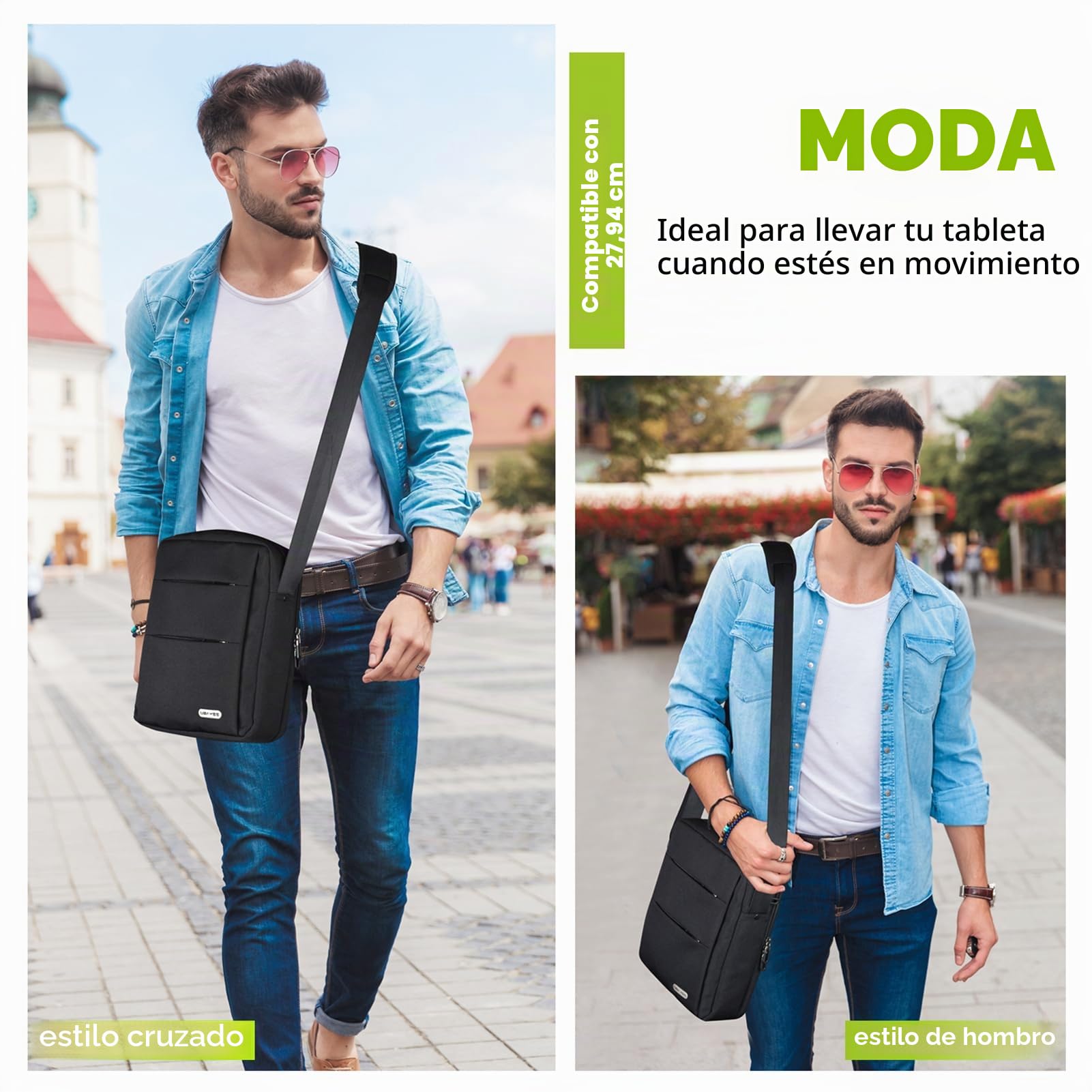 Bolso Hombre Bandolera de Lona con Multibolsillos (Compatible con 11 Pulgadas Tablet iPad Mini, 27 cm), Bolsillo de Bloqueo RFID, Medio, Negro