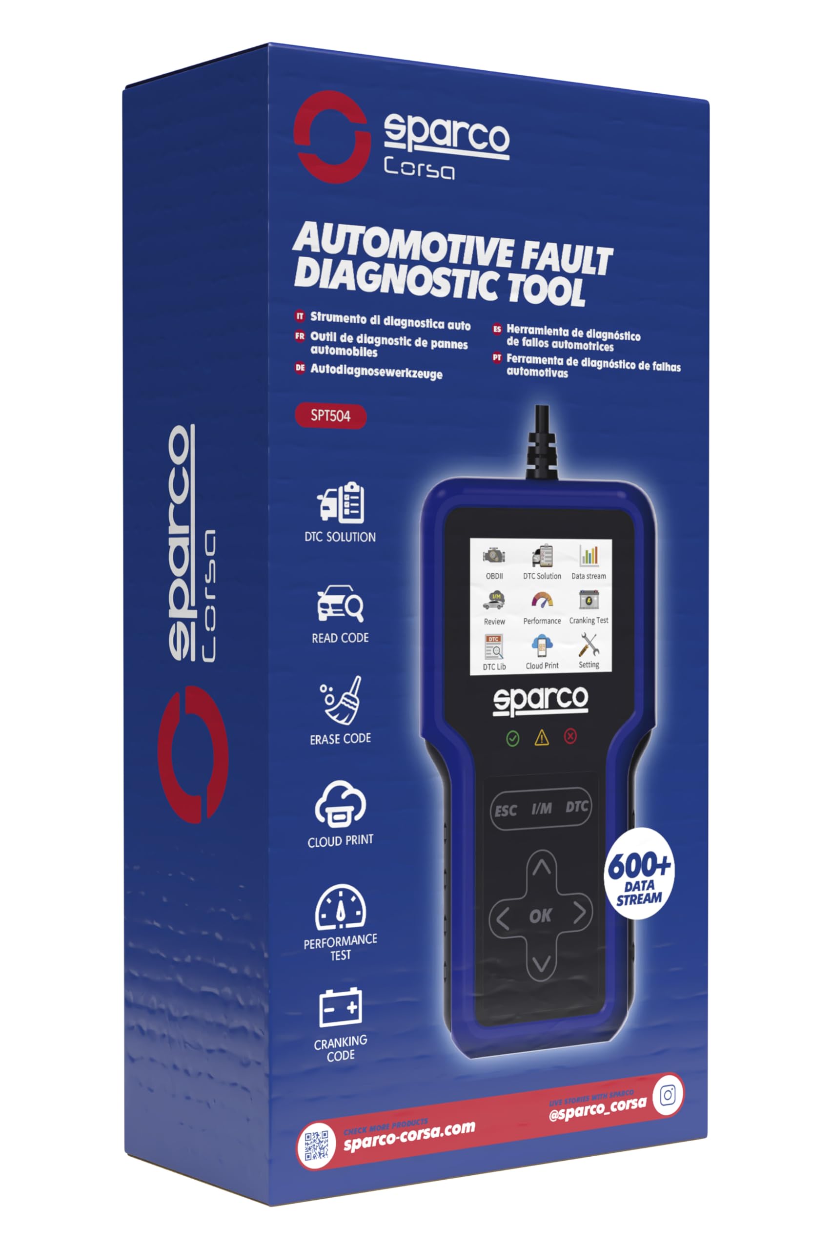 Sparco Dispositif de Diagnostic Automobile OBD2 Scanner Lecteur de Codes d'erreur Moteur et Transmission avec Test de Batterie et émissions I/M Readiness Multilingue pour véhicules à Essence