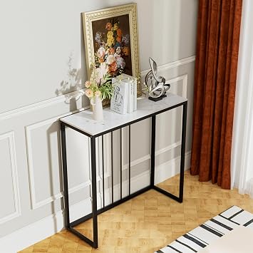 Wisfor Console Table for Entryway White Sintered Stone Hallway Table Narrow Marble Effect Table Top with Black Metal Frame Modern Accent Sofa Side Foyer Living Room Table, 31.5x11.8x31 Inch