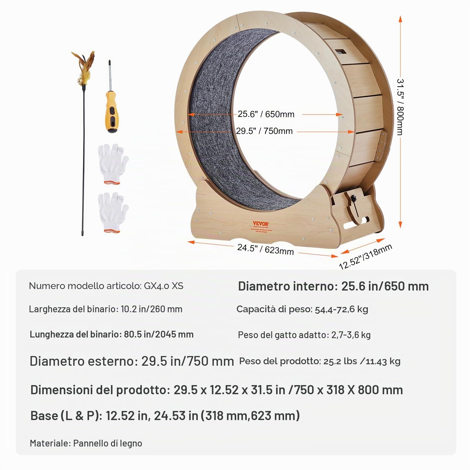 VEVOR Ruota per Esercizi per Gatti in Legno Compensato, Ruota per Tapis Roulant per Gatti 75 cm, Ruota per Corsa con Tappeto Staccabile e Teaser per Maggior Parte Gatti per Corsa Allenamento Interno