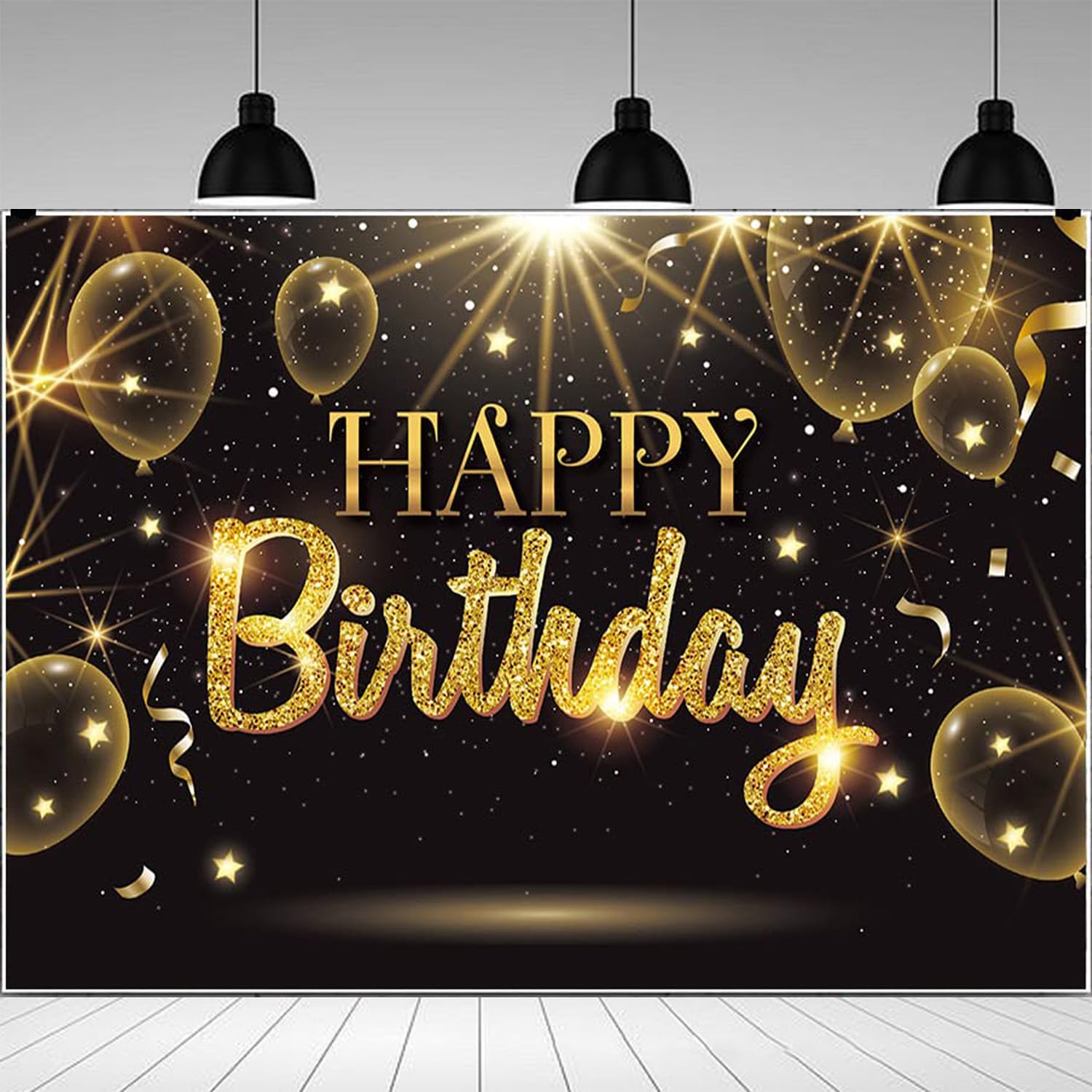 – 7 * 5FT Black Gold Happy Birthday Party Decorations Backdrop, Golden Balloons Glitter Star Birthday Party Photo Background Banner Extra Large Wall Decor Props Party Supplies