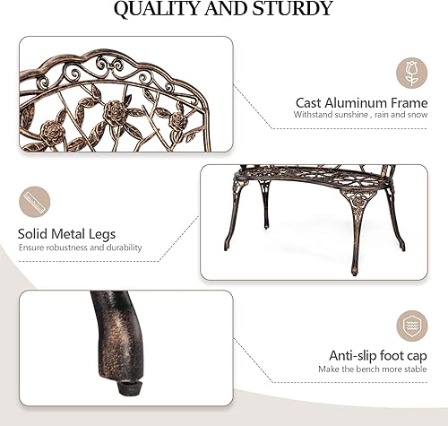 Vista 5 de VINGLI Patio Park Garden - Banco de rosas de metal para exteriores, estructura de aluminio fundido para 2 personas, silla de acabado antiguo, Bronce