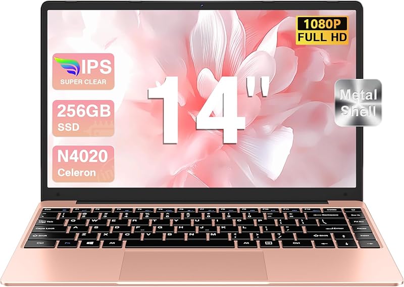 Ordinateur Portable 14 Pouces 256 Go Win 11 N4020 Support Expansion 1 to SSD 1080P 2.4G+5G WiFi Mini HDMI & Souris sans Fil et Un Film de Clavier AZERTY pour Clavier -Gold-3