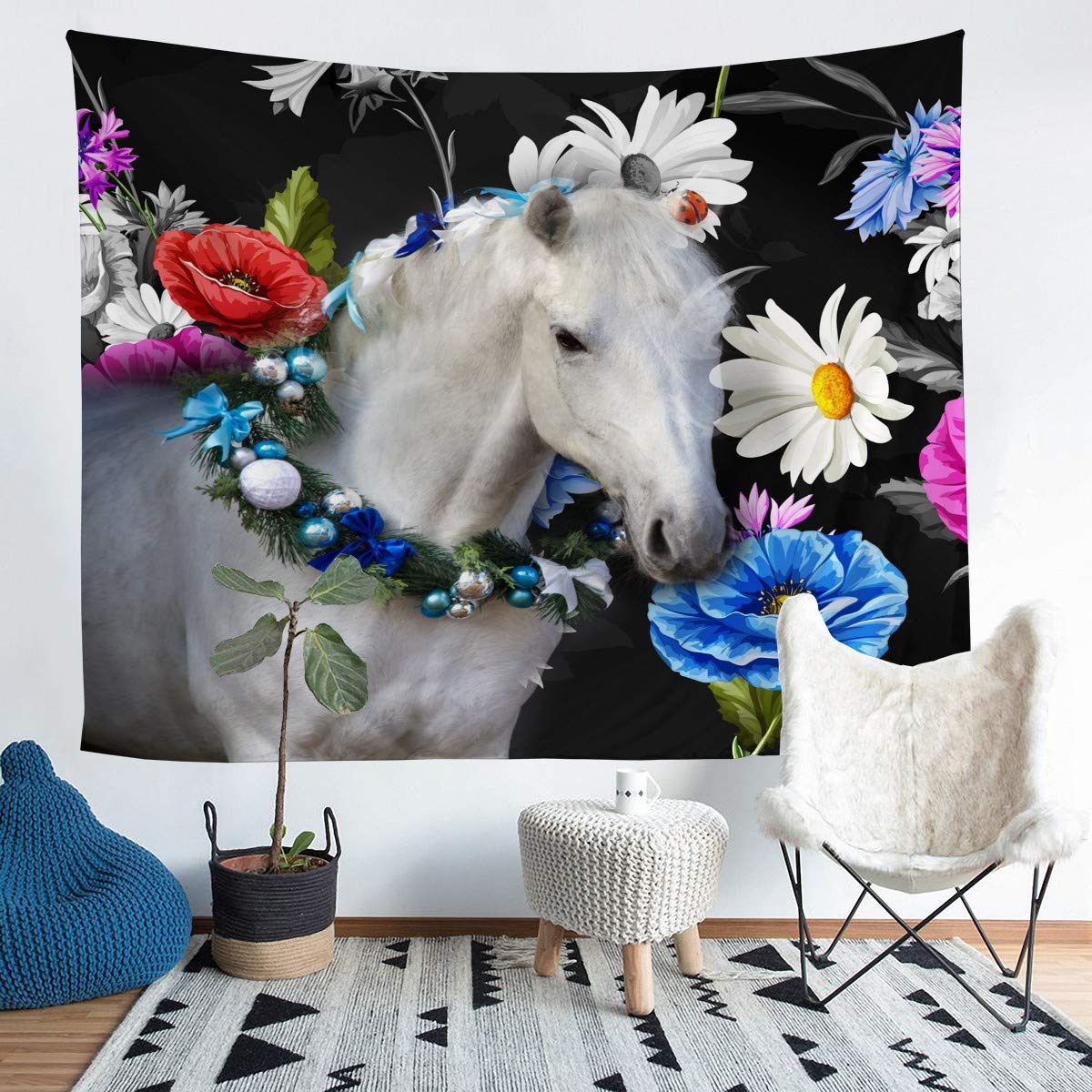 3D White Horse Tapestry Galloping Horses Tapestry Wall Hanging for Kids Boys Floral Daisy Flowers Pattern Wall Tapestry Wild Animal Decor Farmhouse Wall Art for Bedroom Living Room,Large 58x79 Inch