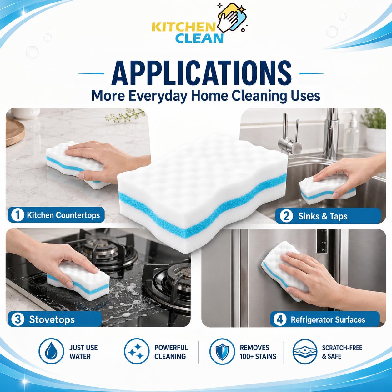 Kitchen Clean 4X Stronger Magic Eraser Sponge Pack of 2 | Melamine Multipurpose Cleaning Sponge for Wall Stains, Switch Boards, Taps, Glass, Dashboard, Shoes & Sneakers 4