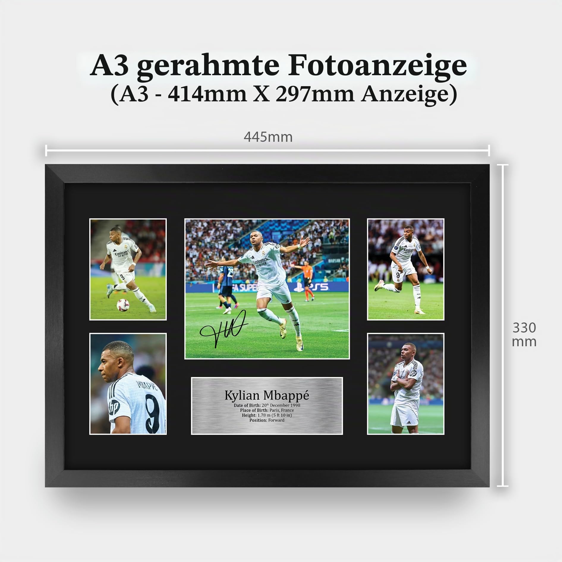 HWC Trading Kylian Mbappe Real Madrid Gedruckte Memorabilien Signiertes Autogramm Fotodisplay für Fußball Anhänger und Fans - A3 Gerahmt