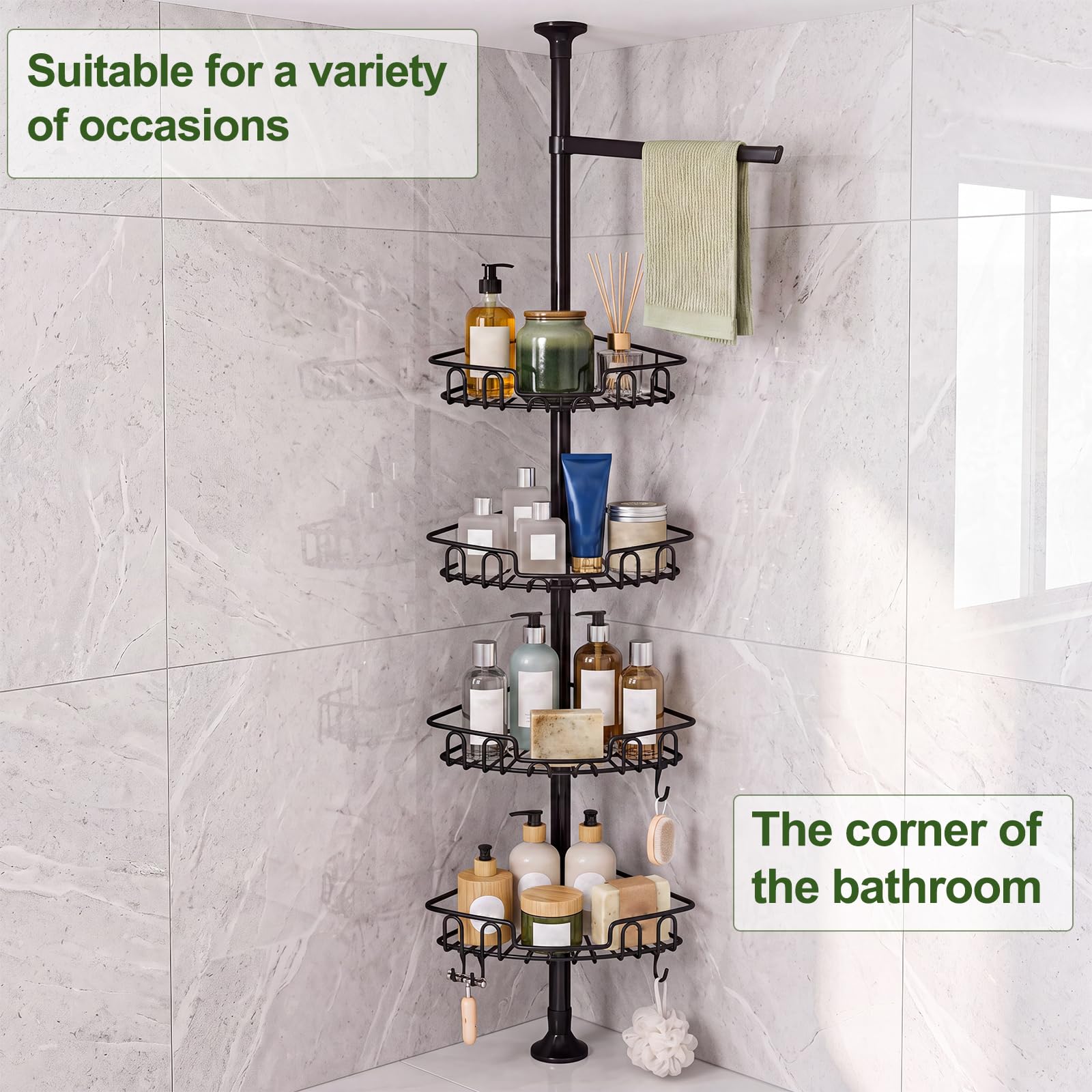 Esquinero Baño Ducha, Estantería Ducha Telescópica | Acero Inoxidable, sin Taladro, Altura Ajustable 83-313 cm, para Esquina Ducha/Bañera, Organizador de Gel Champú Toallas