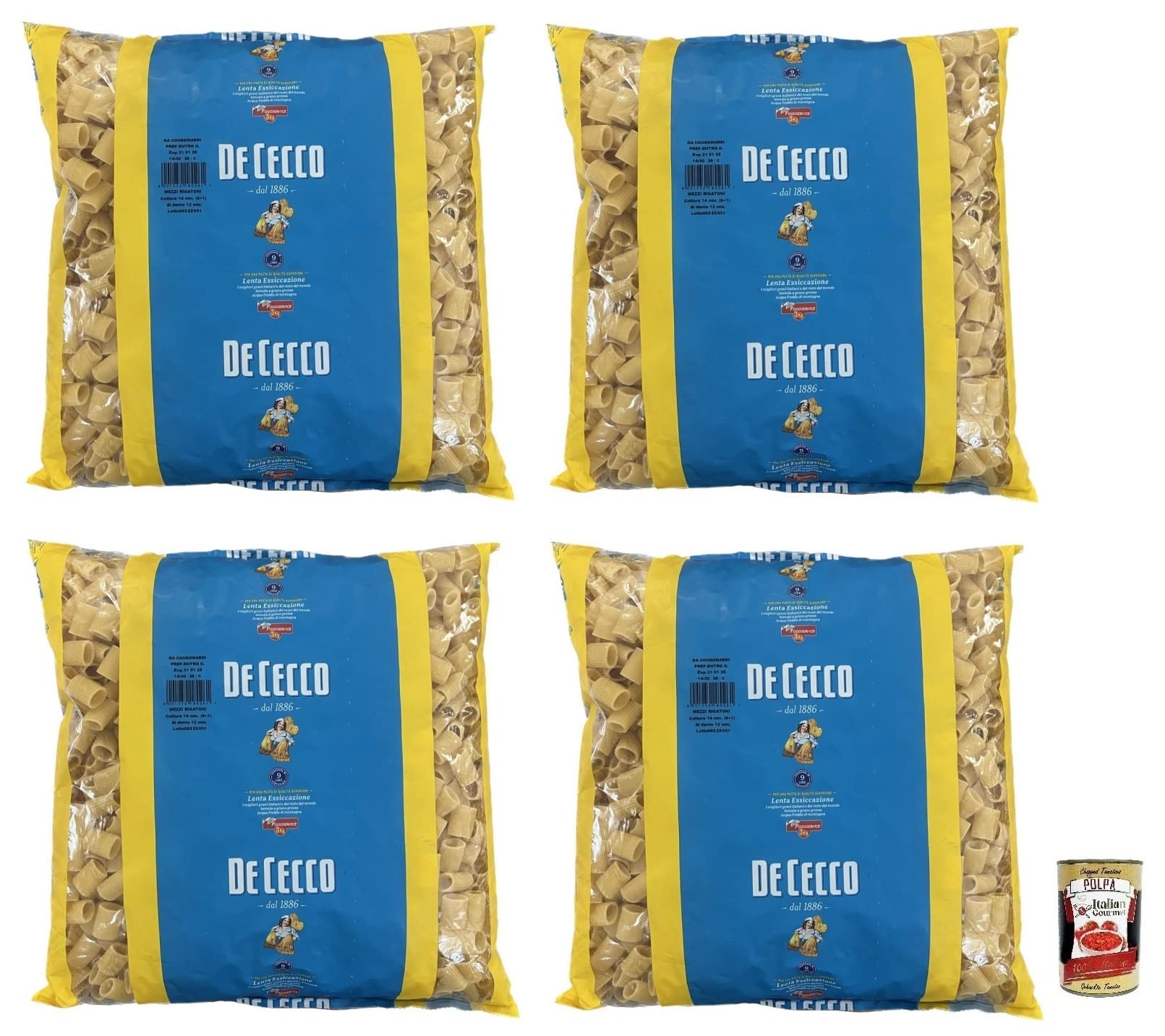 Italian Gourmet Mezzi Rigatoni Pasta di Semola Hartweizen Nudeln 4 x 3kg | Trafilata ruvida e tenuta al dente, ideale für Saucen und Ofengerichte nach, Gesamtnettogewicht 12 kg + Kostenlos Polpa 400g