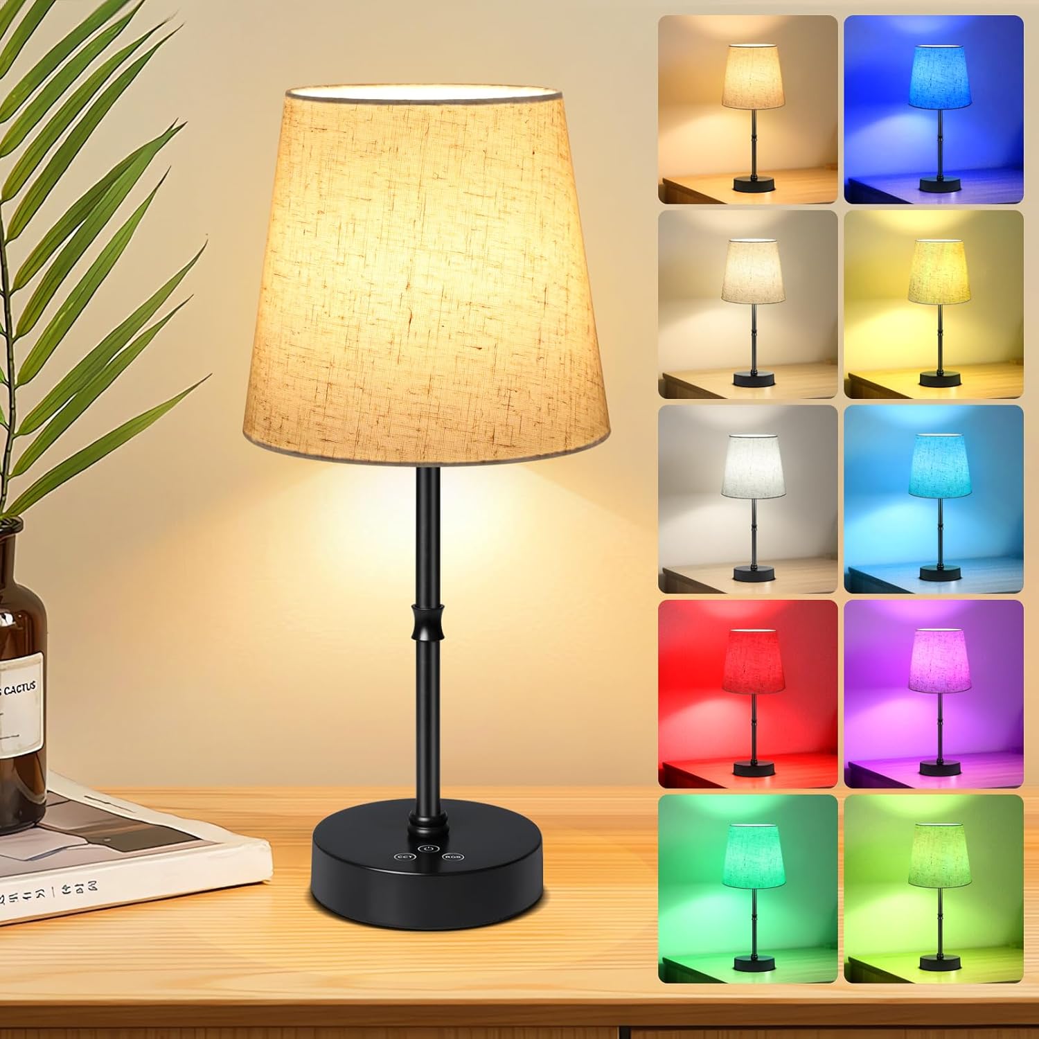 Cordless Table Lamp,5000mAh Rechargeable Battery Operated Desk Lamp,3 Colors & 7 RGB Stepless Dimmable,Portable Wireless Touch Bedside Night Light for Restaurant,Home,Decor Party,Flaxen Shade