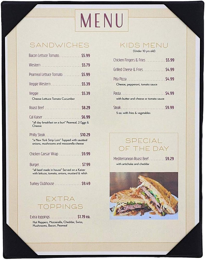 NJ Single Black Restaurant Menu Cover Holder, Single View Menu Holder, Restaurant, Bar, Lounge, Drinks, Wine List for A4 Size: 1 Pc.