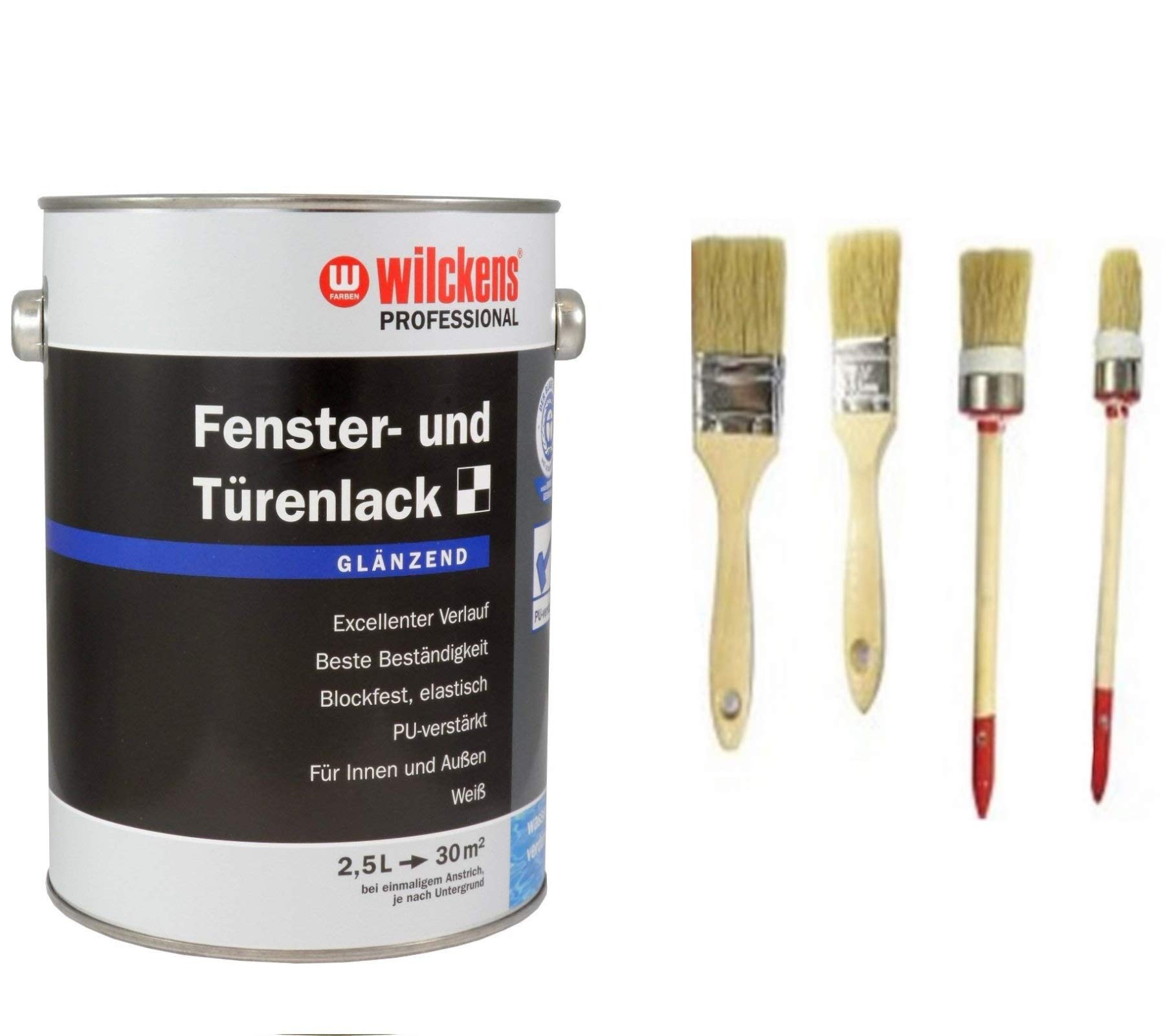 Bindulin Professional Fenster- & Türenlack 2,5 L. Weiß glänzend, PU-verstärkt inkl. 4er Set Pinsel von E-Com24 (2,5 Liter glänzend)