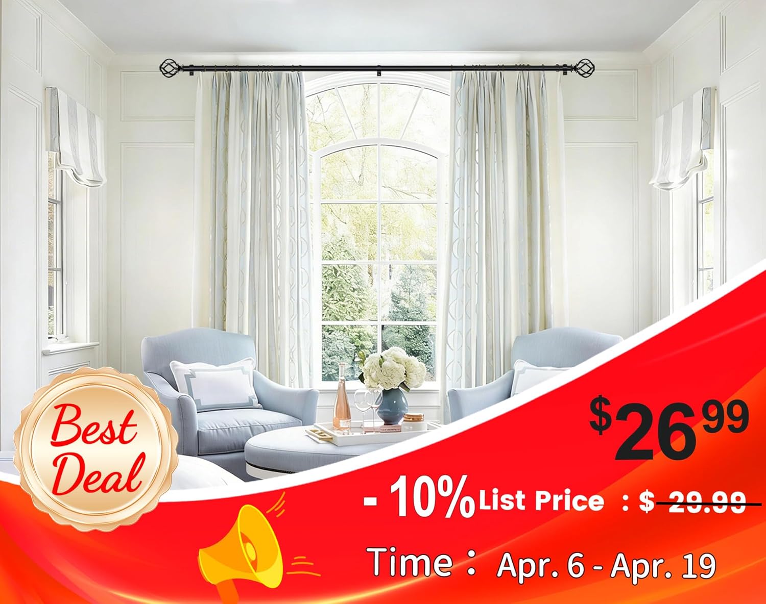 KAMANINA Black Curtain Rods for Windows 48 to 84 inch, 1 inch Adjustable Decorative Curtain Rod 32 to 86 inch (2.6-7.1ft), Single Drapery Rod with Twisted Cage Ends