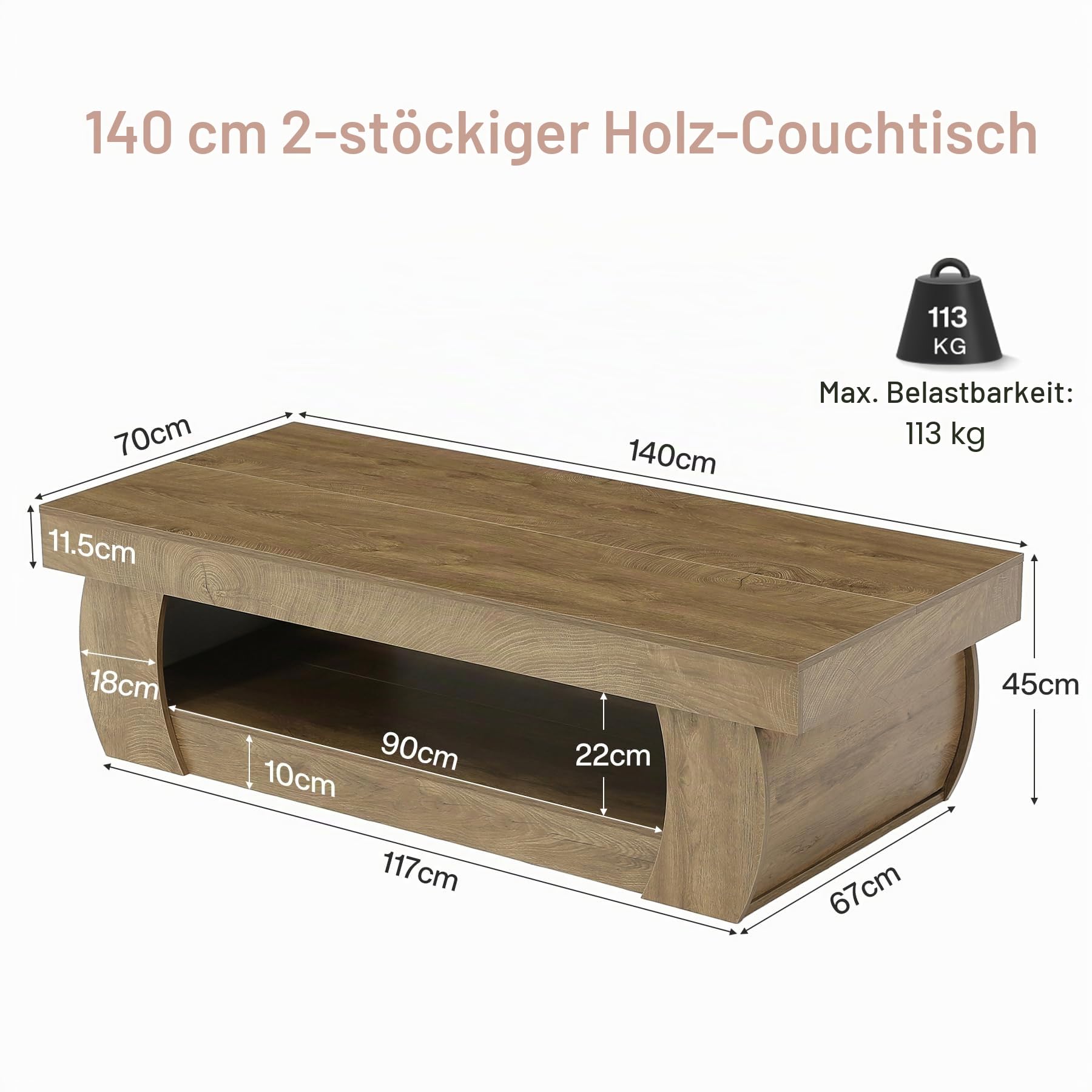 Tribesigns Couchtisch 140 cm mit Stauraum, Rechteckiger Couchtisch mit Ablage, 2 Ebenen Wohnzimmertisch im Landhausstil, Großer Sofatisch Holz für Wohnzimmer, Rustikal Braun, 140 x 70 x 45 cm
