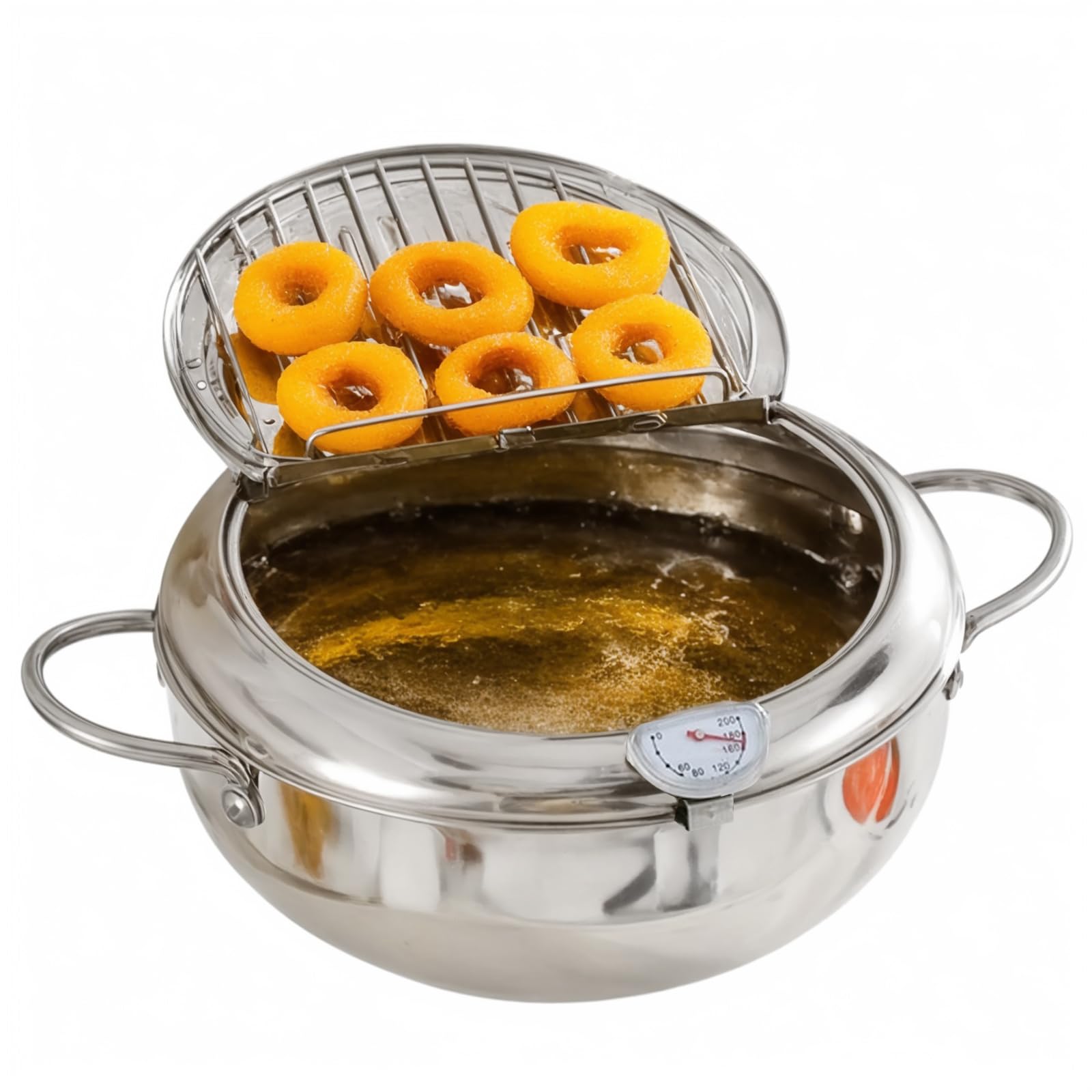 Olla para freidora, olla japonesa con termómetro y escurridor de aceite, olla tempura de acero inoxidable 304 para estufa de gas y cocina de inducción para papas fritas y alas de pollo