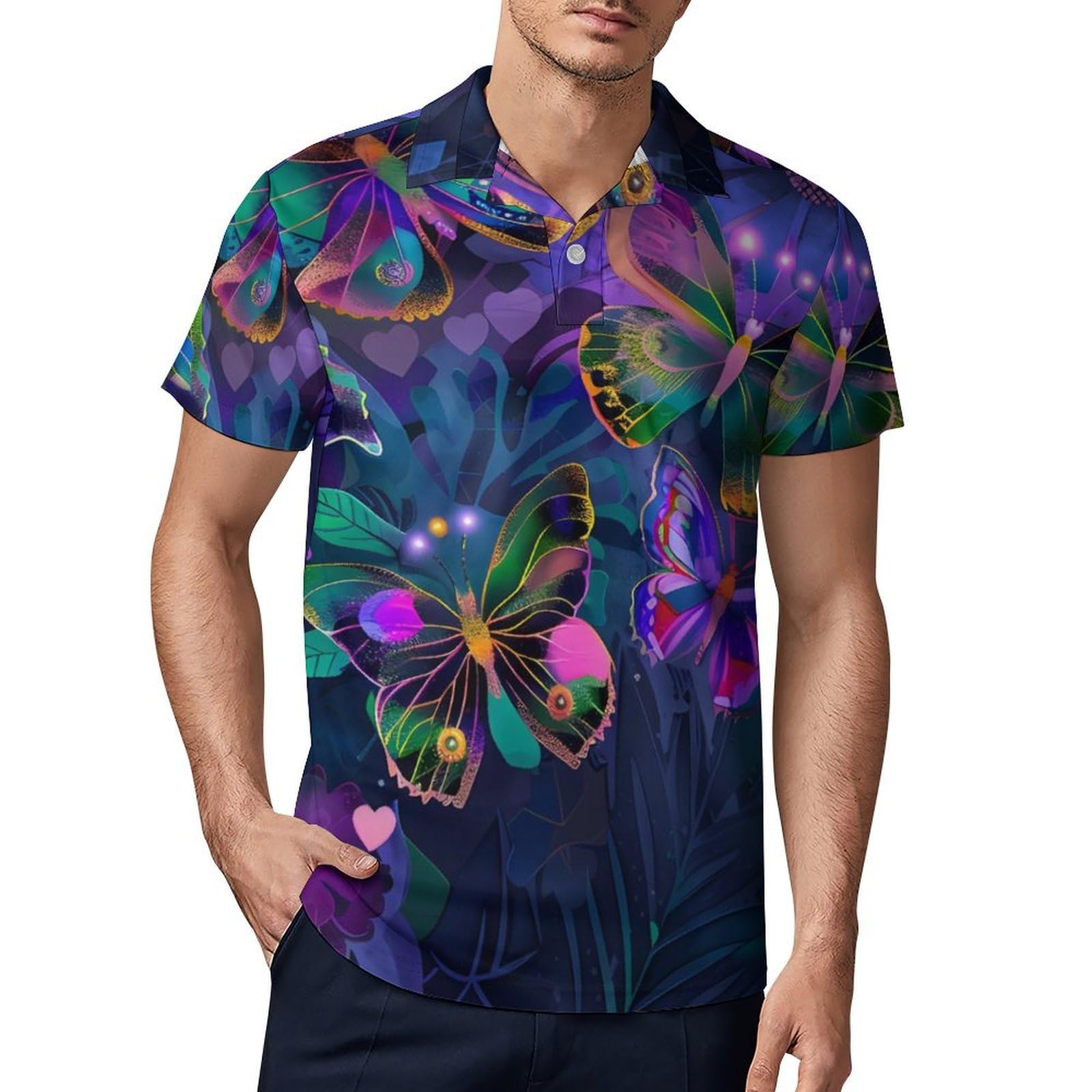 Colorful Butterflies Flowers Novelty Men's Short Sleeve Shirts Funny Golf Tennis Work T-Shirt Sport Tee 4XL