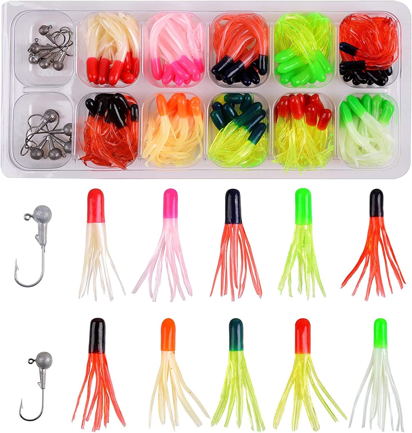 SILANON Grub Lures Fishing Jigs Head Hooks Kit- Soft Plastic Grub Tail Worm Lure Bait Crappie Jigs Buster Tubes Baits for Bass Trout Saltwater Freshwater Fishing 17-110pcs : Sports & Outdoors
