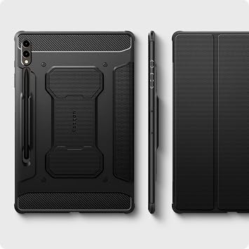 Spigen Galaxy Tab S10 Plus / S9 Plus ile Uyumlu Kılıf Rugged Armor Pro Stand özellikli Üst Düzey Koruma Siyah Karbon Kapak - ACS06539 (Spigen TR Garantili)