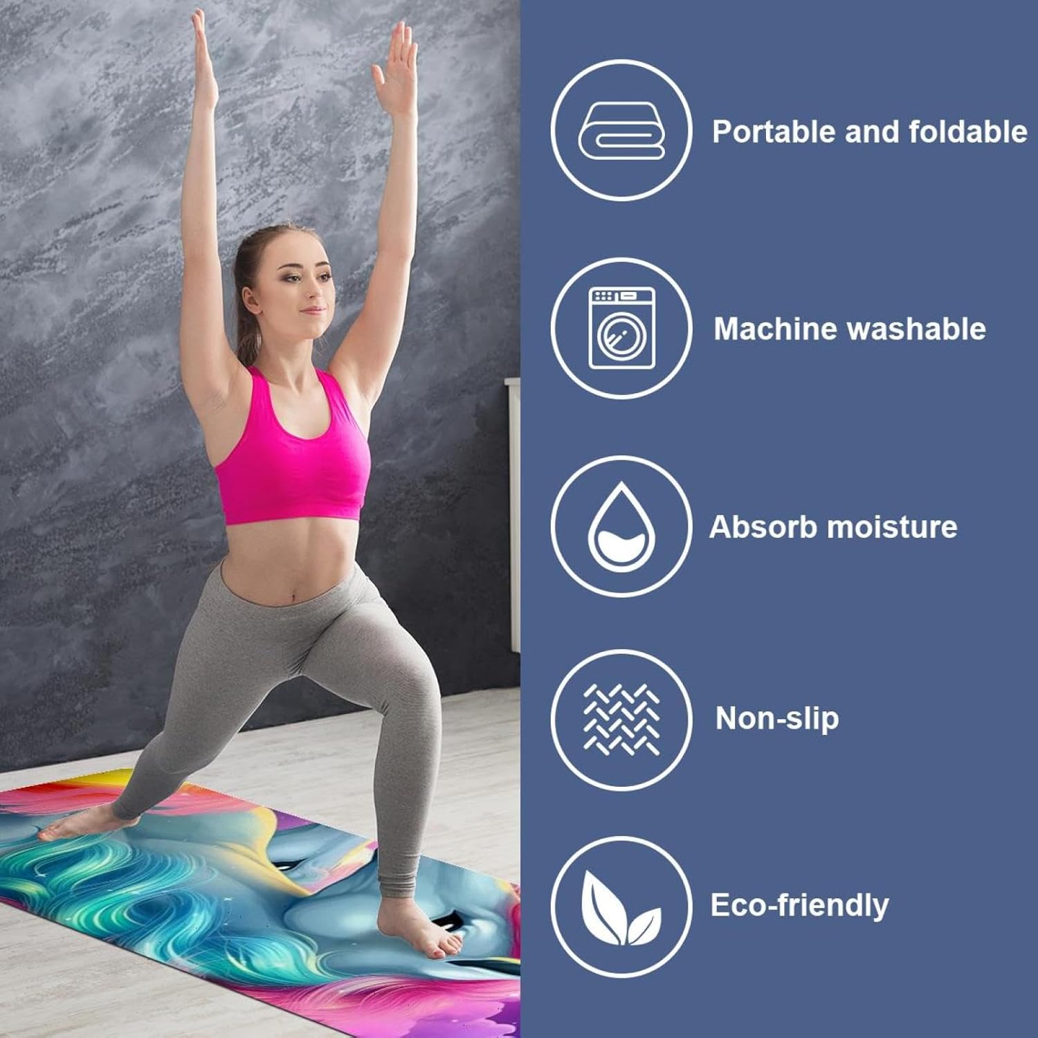 Yoga Towel, Rainbow Unicorn Pattern Non Slip Sweat Absorbent Hot Yoga Mat Towel for Hot Yoga, Pilates and Fitness - 72.8" x 26.8"