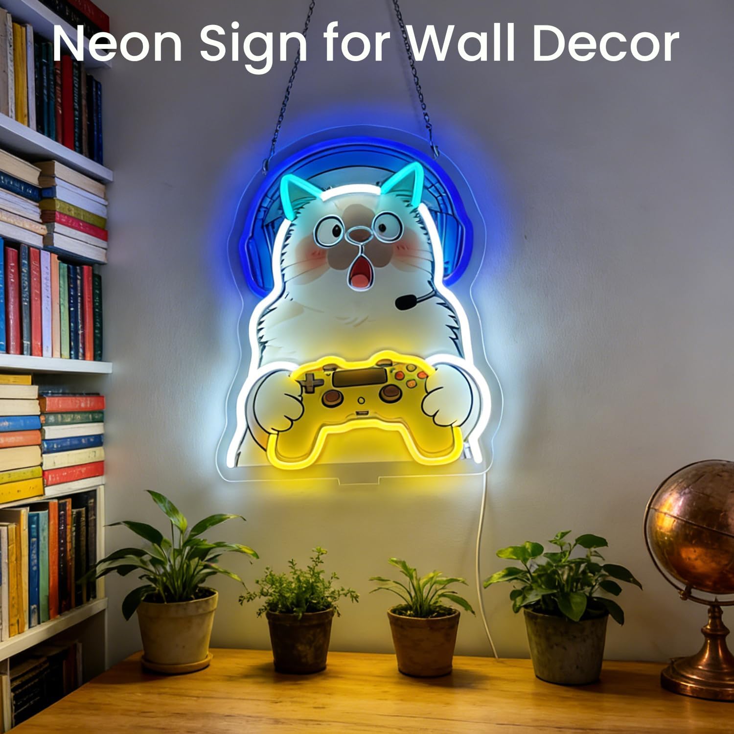 Game Cat Neon Sign Gaming Cat Light Up Signs Lighted Gamer Neon Signs with Base for Bedroom Dorm Garage Man Girls Cave Home Bar Theater Game Living Room Wall Tabletop Decor Art Gifts