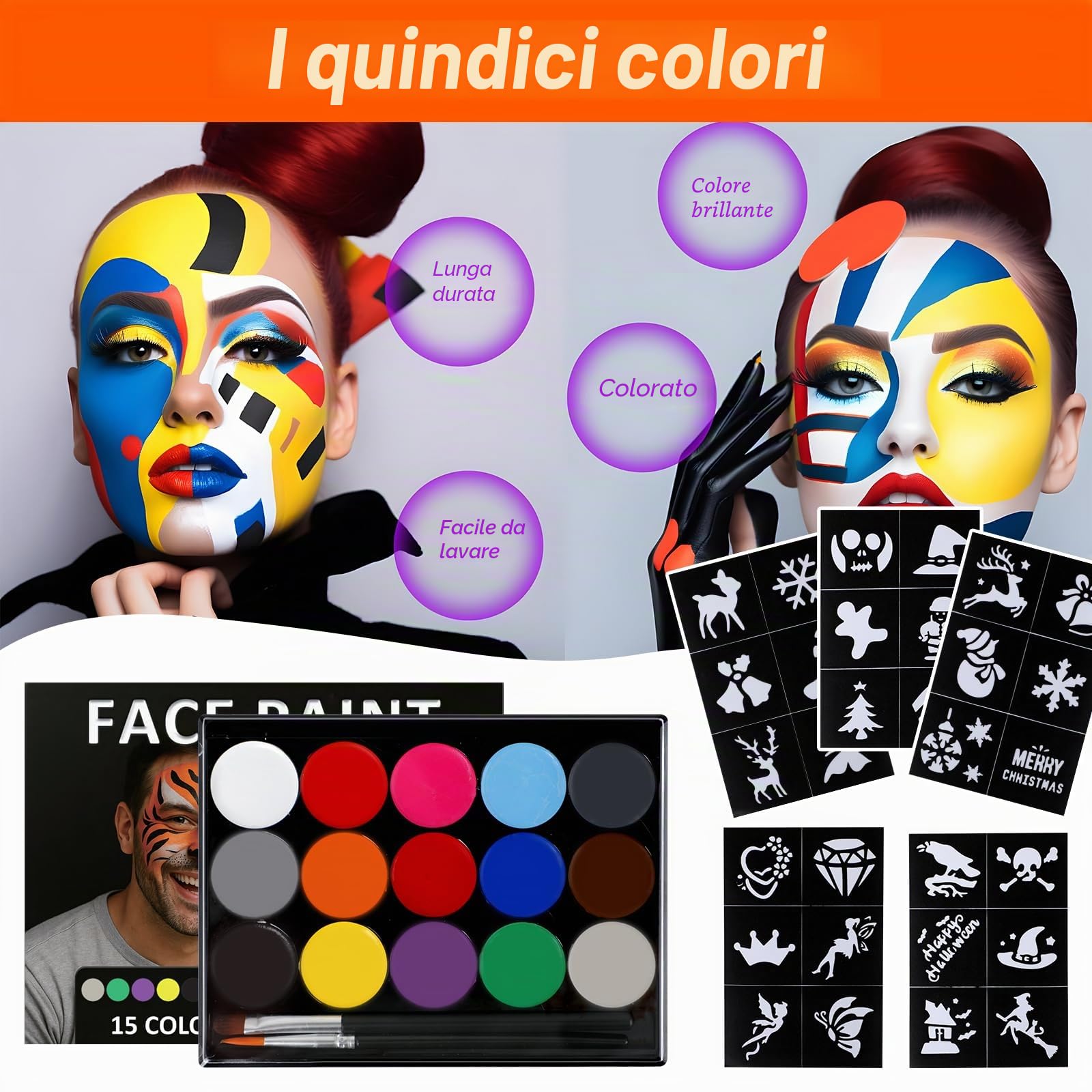 Face Painting Set per Truccare il Viso dei Bambini, 15 Colori per Body Painting Adatti per Halloween, Carnevali, feste e Spettacoli