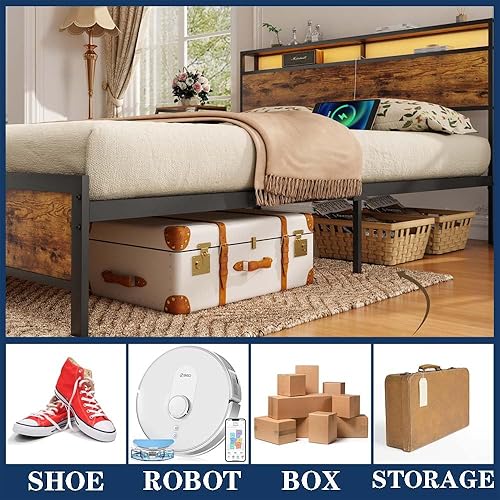 Miniatura 6 de Anwick Base de cama industrial tamaño matrimonial con cabecera de luz LED, plataforma de metal con estación de carga USB, almacenamiento debajo de