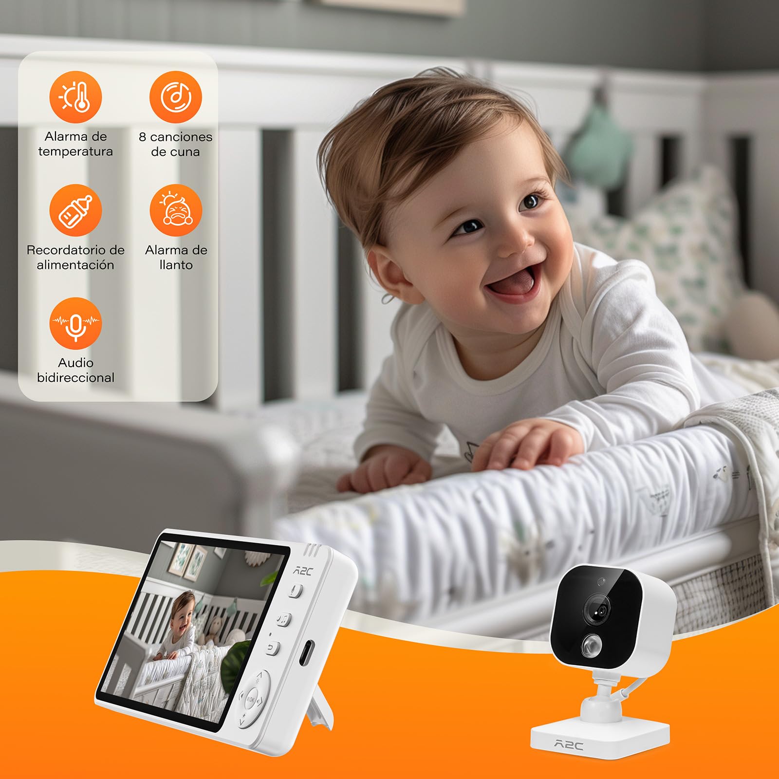 APPS2Car 2-In-1 Camara Vigilancia Bebe Coche,5'' Pantalla 1080p HD Vigilabebes con Camara y Audio,con Sensor de Temperatura Sin WiFi,Visión Nocturna,VOX Bidirecciona,Baby Monitor Coche y Casa