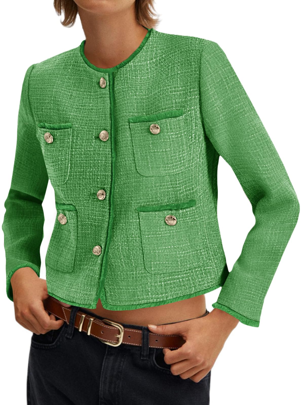 Cicy Bell Tweed Blazers for Women 2025 Collarless Button Down Womens Cropped Jackets