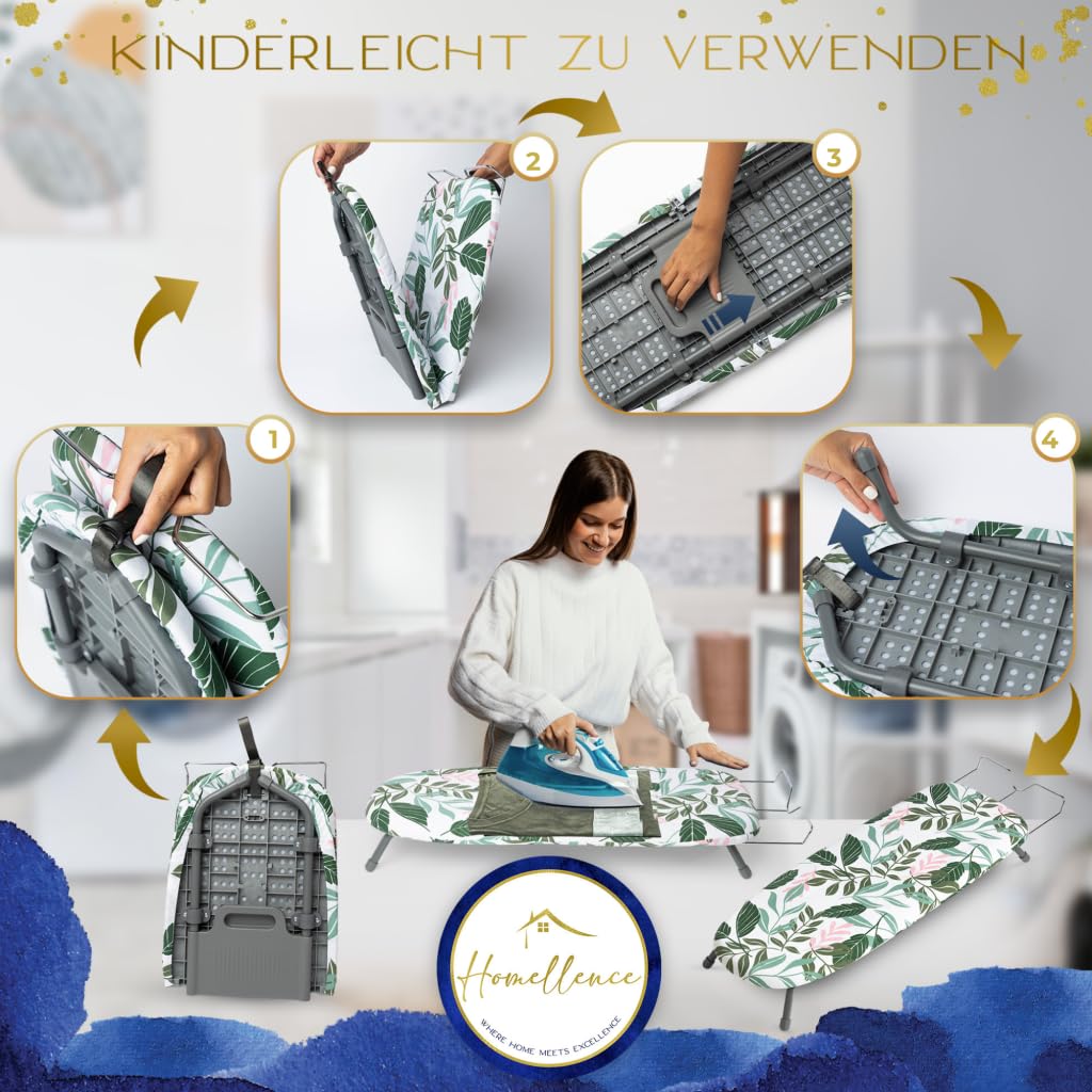 Homellence patentiertes kleines Tischbügelbrett klappbar - Bügelbrett klein - Modernes Tischbügelbrett klein klappbar inklusive 2 Premium-Bezügen - Reisebügelbrett - Klappbares Mini Bügelbrett (Grün)