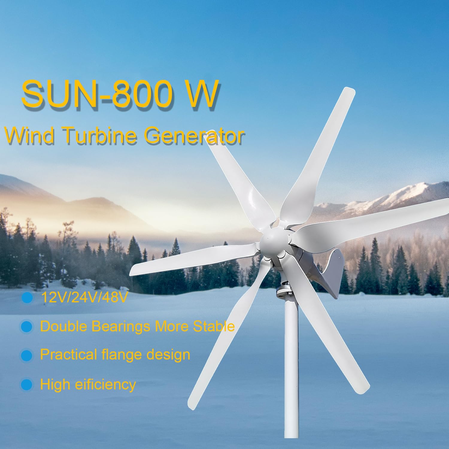 Windkraftanlage 800W mit MPPT Laderegler, 3-Phasen AC Horizontale Windturbine, 6-Blatt Windmühle für Haus & Bauernhof 12V 24V 48V (48, Volt)