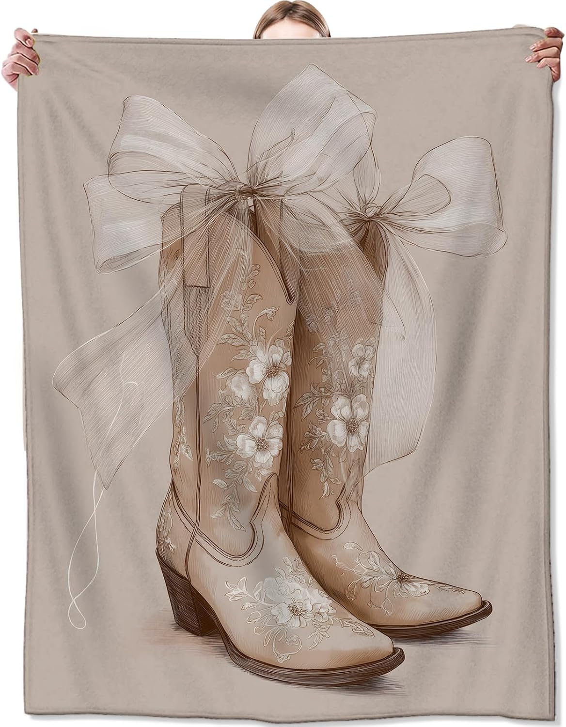 Cowboy Boot Blanket, Gifts for Western and Rustic Lovers, Lightweight Flannel Throw Blankets, Vintage Floral with Bow Country Style Throws Home Decor, for Couch Living Room Office, 60x50inch