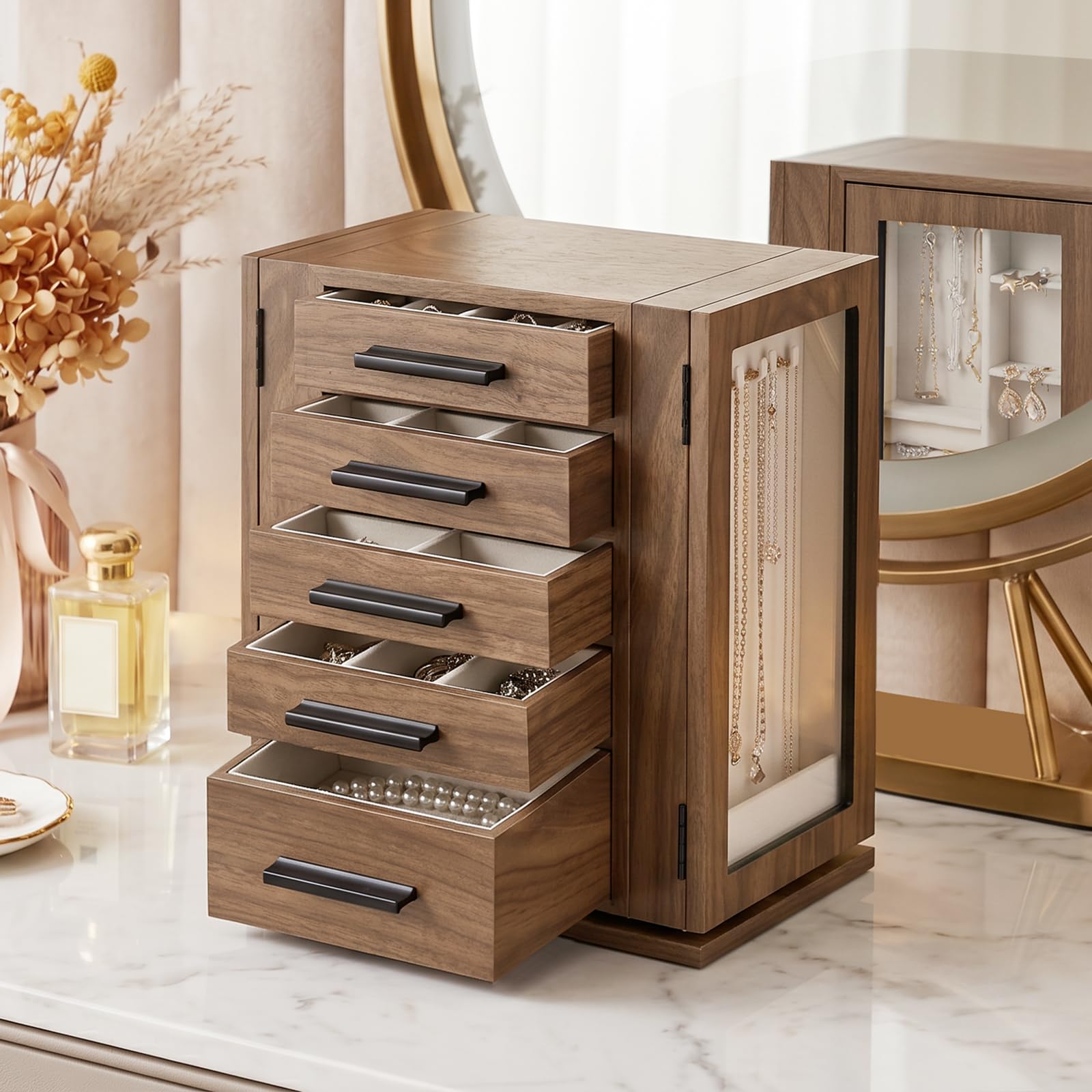 HOOBRO Caja Joyero, Organizador de Joyas Giratorio de 360°, Caja para Joyas con 5 Cajones, con Puerta de Acrílico, Expositor de Joyas con Forro de Terciopelo, para Collares, Anillos, Nogal EBH30JB04