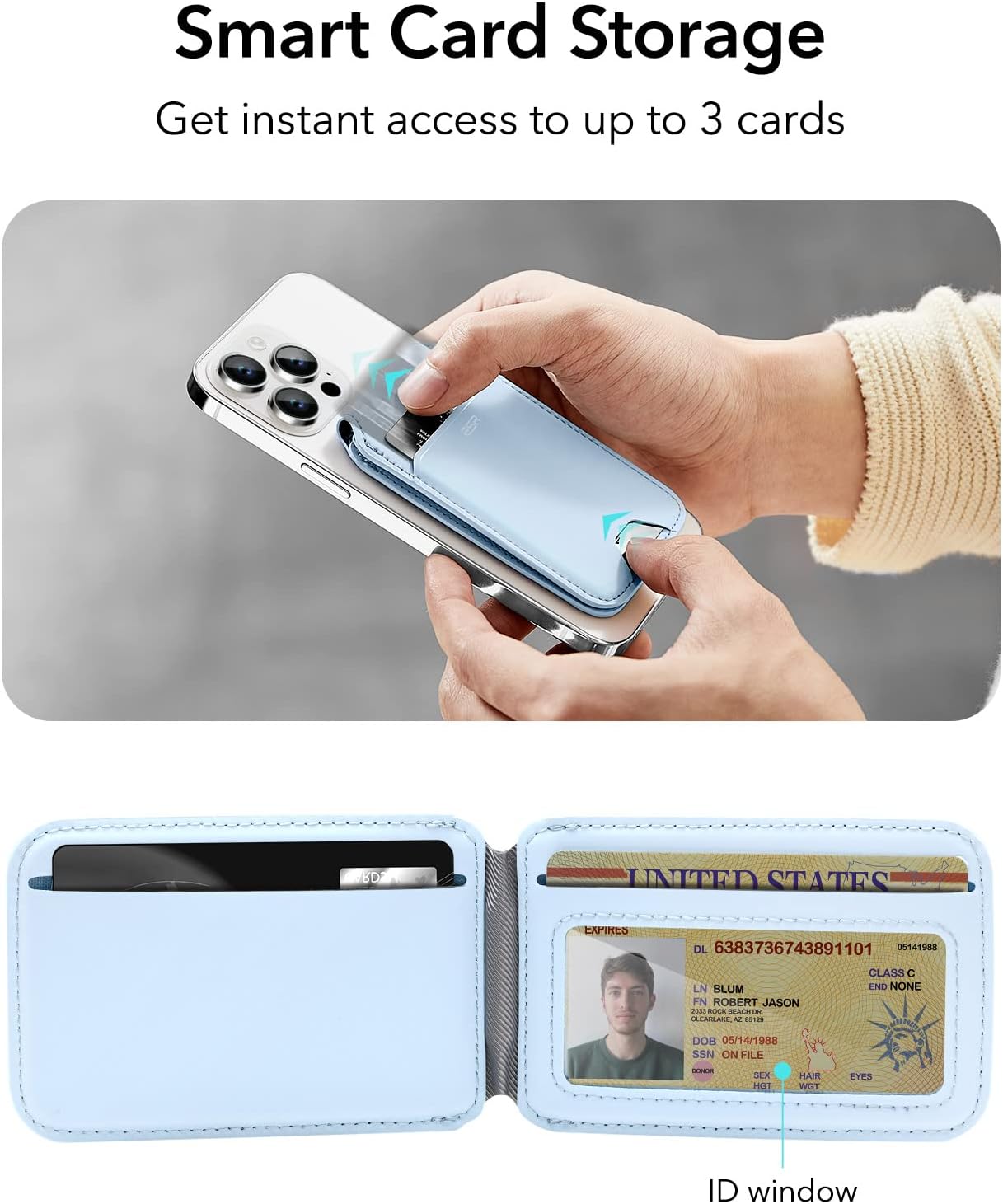 Image demonstrating the smart card storage with three slots and an ID window.