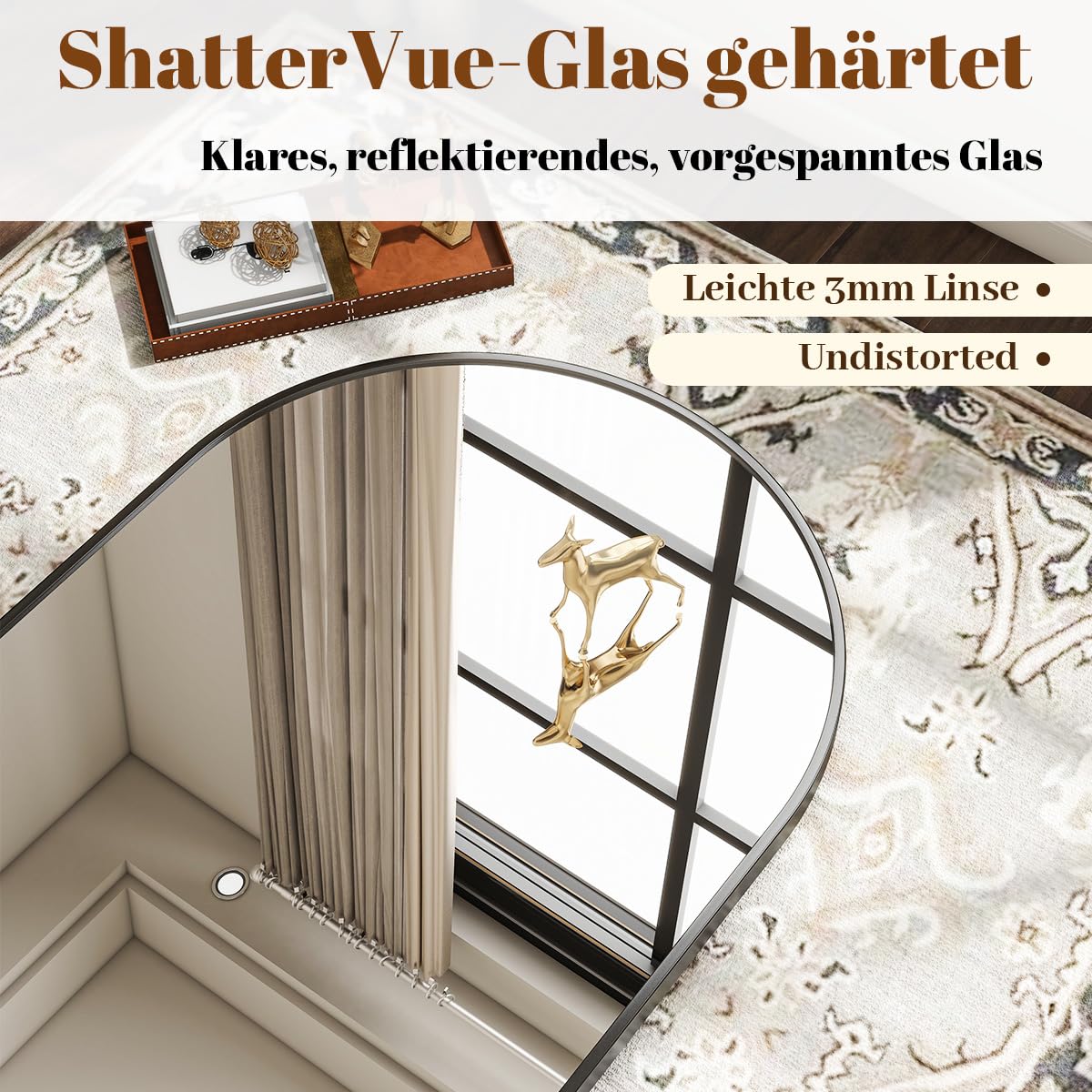 BEAUTYPEAK Bogen Wandspiegel mit Schwarz, 76x51 cm Bruchsichere Aluminiumlegierung Rahmen Badspiegel, Kann an die Wand Gelehnt oder Aufgehängt Werden, Standspiegel für Schlafzimmer, Bad und Toiletten