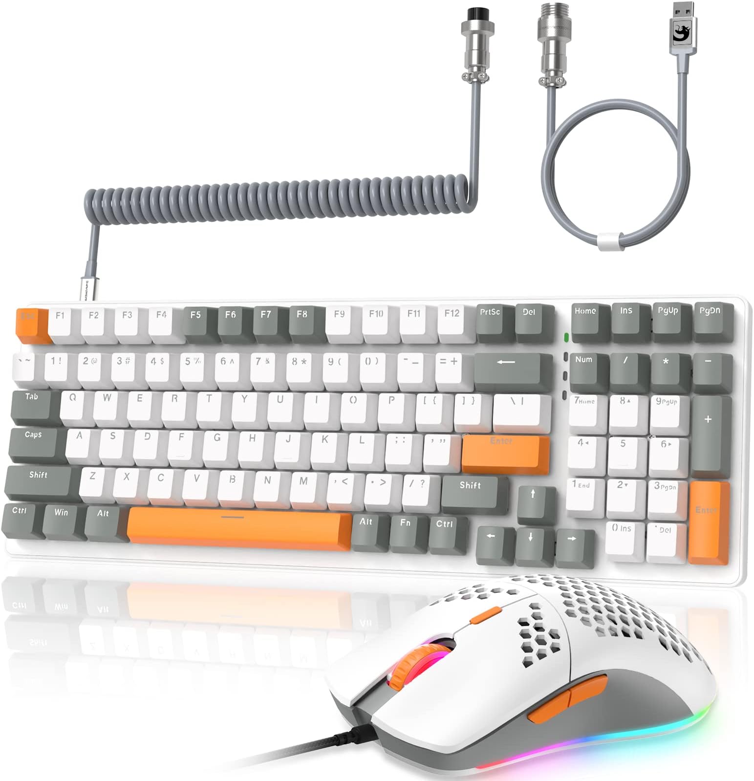 ZIYOULANG K3 Mechanical Gaming Keyboard and Mouse Combo - 98Key RGB Backlit Blue Switch, Ultra-Light Honeycomb Shell Mouse, Compact Design, Wired Coiled Cable for PC/Mac/Windows (White)