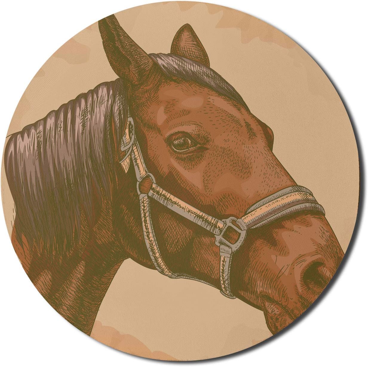 Ambesonne Animal Mouse Pad for Computers, Engraving Illustration of Detailed Hand Drawn Horse Head Retro Style Image, Round Non-Slip Thick Rubber Modern Gaming Mousepad, 8 Round, Brown and Sand Brown