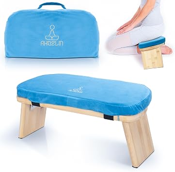 Foldable Bamboo Meditation Bench with Cushion Ergonomic Kneeling Stool | Sturdy Prayer Bench, Yoga Stool, Floor Sitting Kneeling Stool, With Cushion, Suit for Meditations, Yoga, Prayer,Blue