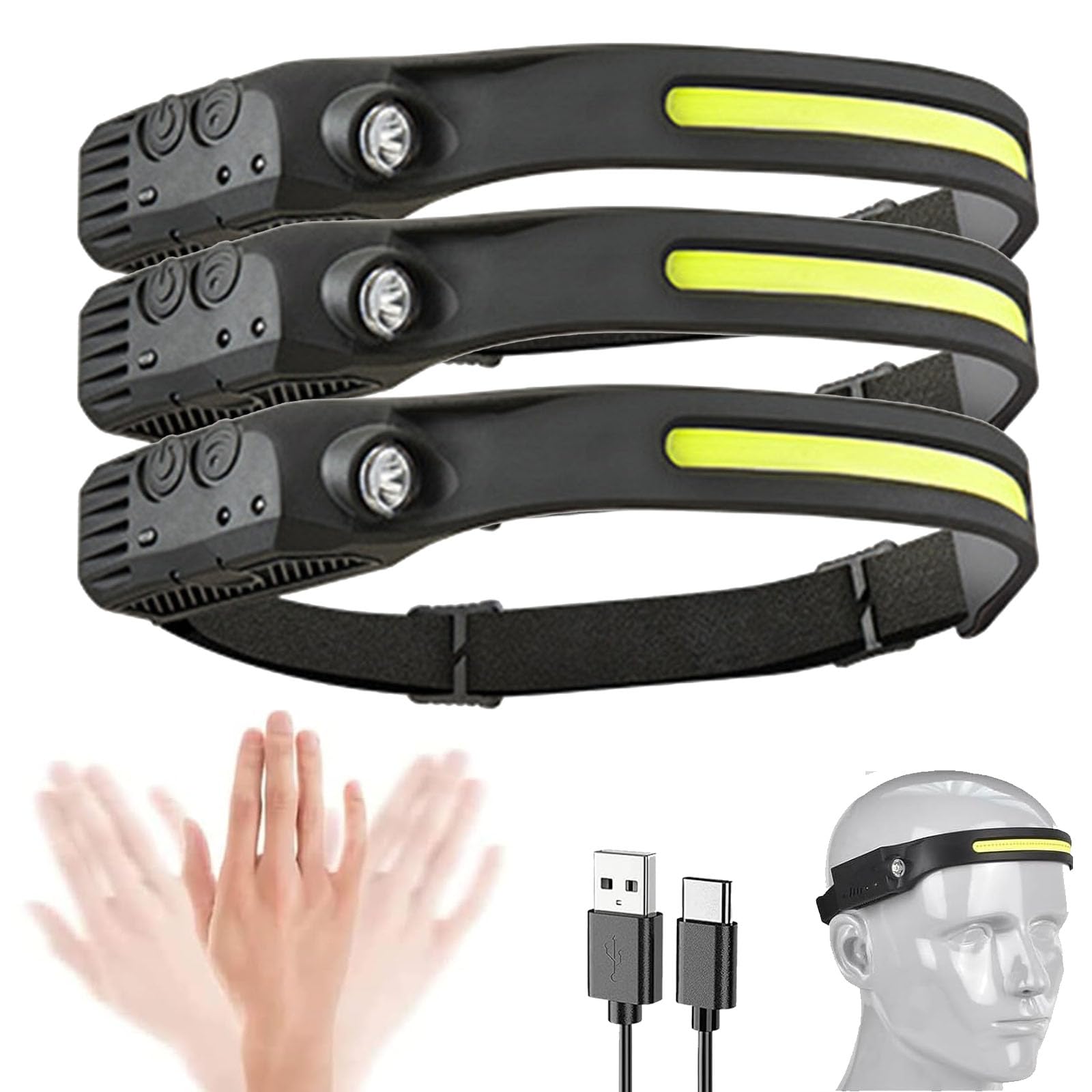 Tasber 1 Front Led Lichtleiste Head Torch, Luxelight Led Headtorch Rechargeable, Lumilight Head Torch 230° Wide Beam Headtorch, Rechargeable Waterproof Lightweight Headlamp For Running, Camping, Hunting (3, )