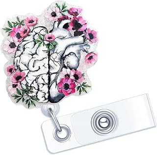 Half Heart and Brain Badge Reel, Funny Nurse Badge Holder Reels Retractable Nurse Name Tag Clip Anatomy Hand Drawn Flower ID Card Reel Alligator Clip for Badge Holders RN Doctor Nursing Student