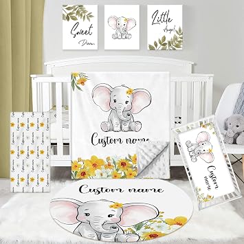Dyoart Personalized Baby Crib Bedding Set - 5 Piece Custom Baby Crib Sets with Name, Nursery Bedding Set for Baby Boys Crib Elephant Design Gift Idea Double Layer Blanket SetFixed Size