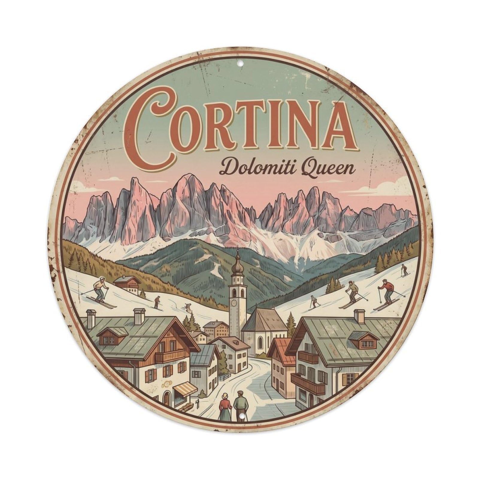 Vintage Travel Cortina Italy Dolomites Metal Tin Sign Plaque Wall Decor for Cafe, Club Bar, Office, Home Garden Round Metal Poster 8x8Inch