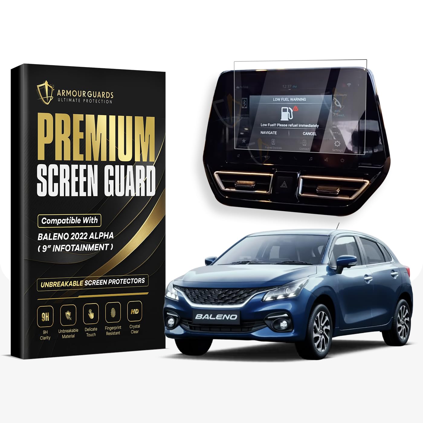 armour guards screen protector for maruti suzuki baleno 2022-running 9 inch infotainment display touch screen | alpha model | car music system display guard accessories [not tempered glass]