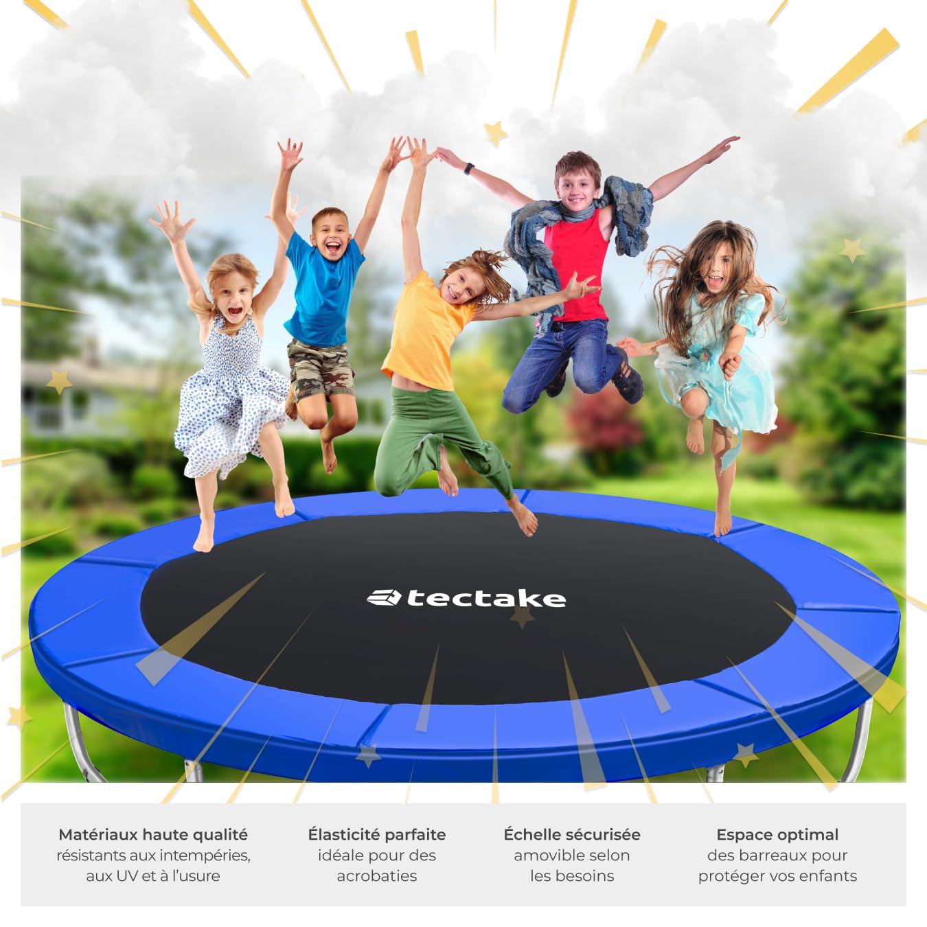 tectake® Trampoline, Trampoline de Jardin, Ø 244/305/366/396/427/457 cm, Certifié GS, Équipement de Fitness pour Entraînement d'endurance, Filet de sécurité pour Enfants, Échelle, Bordure rembourrée
