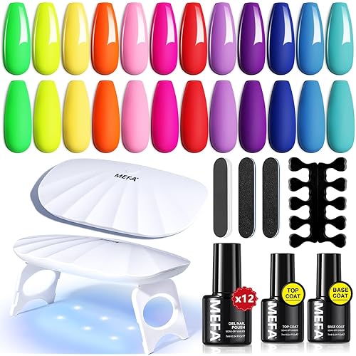 MEFA 19 Pcs Gel Nail Polish Kit with U V Light, 12 Colors Summer Neon Rainbow Bright Gel Polish Nail Set with Base Top Coat Essential Manicure Tools Beginners Salon Nails Art