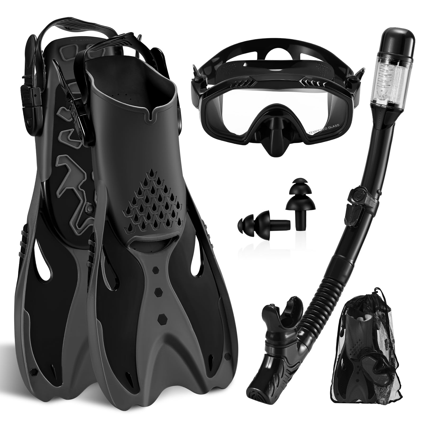 SenDeluzSnorkel Set for Adults, Travel Snorkel Set with Adjustable Swim Fins, Panoramic View Anti-Fog Mask,Dry Top Snorkel and Gear Bag for Swimming Training, Snorkeling Kit Diving Packages