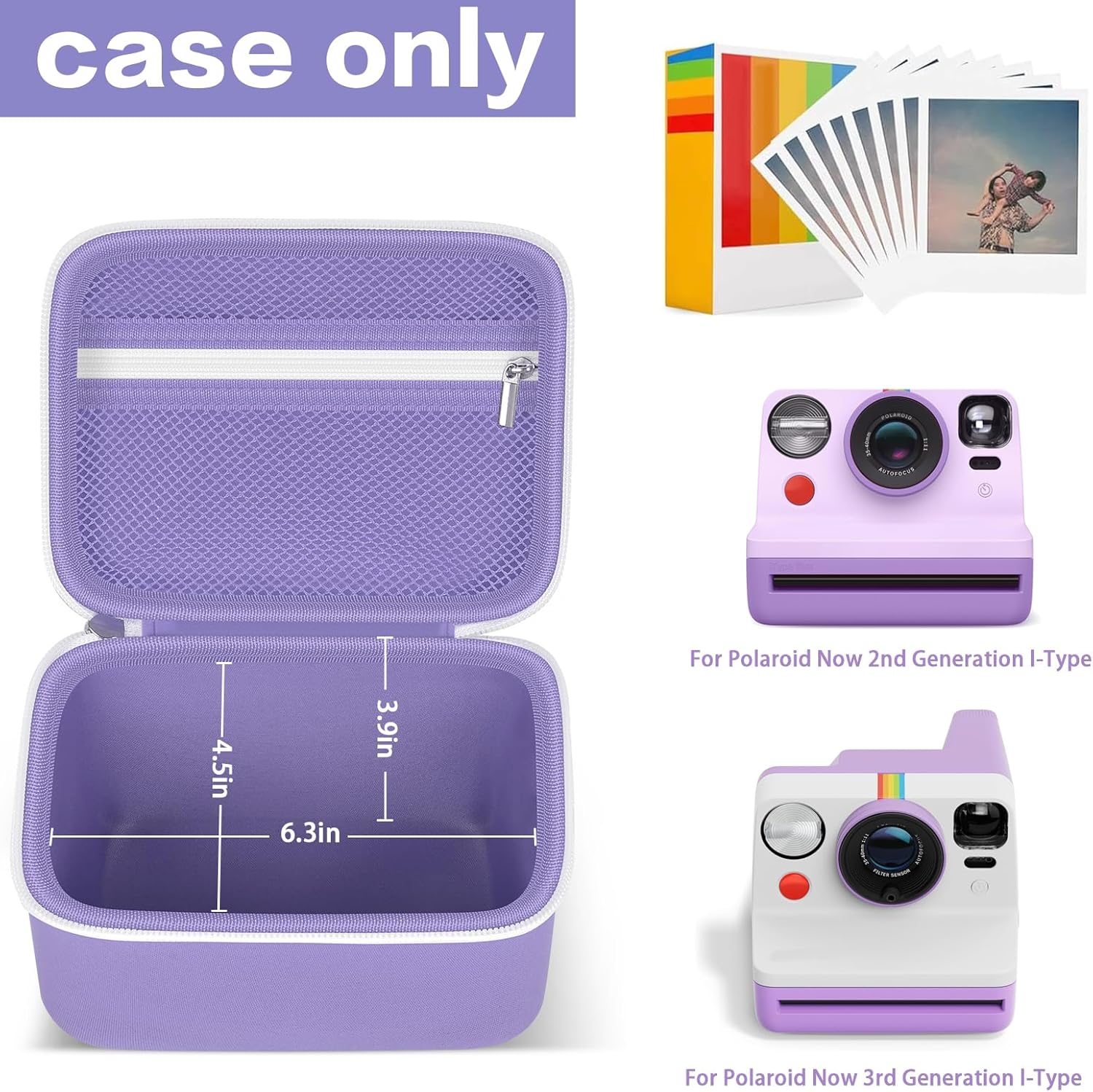 Portable Carrying Case Compatible with Polaroid Now 2nd/ for 3rd Generation I-Type Instant Camera/for Now/for Now+/ for OneStep 2 VF/for OneStep+ Instant Film with Mesh Pocket (Purple)