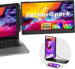 AetherSpark Laptop Monitor Extender, 14''Laptop Screen Extender, USB Type-C/HDMI Ports, Attachable Portable Monitor for 13''to17'' Laptops, Compatible with macOS/Windows/Apple/Android (Dual-14)